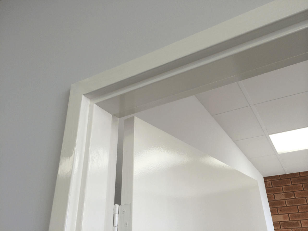 Image of a 10 bend knockdown metal door frame installed.