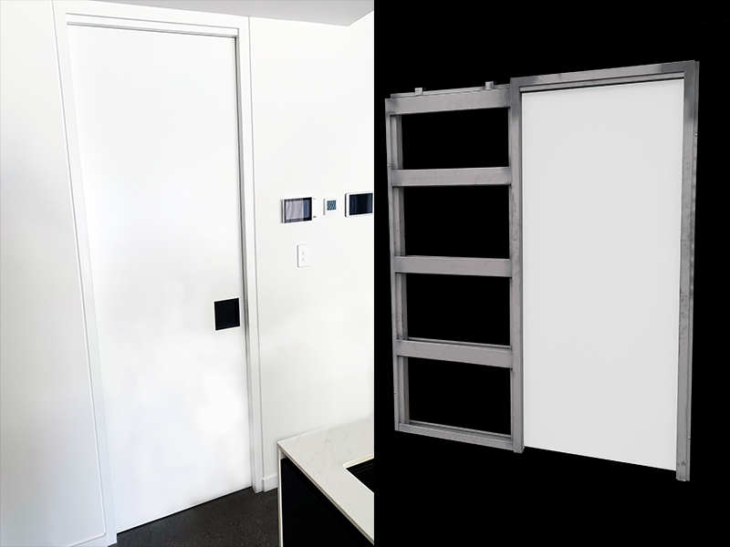 image of installed cavity sliding door next to frame cavity sliding door