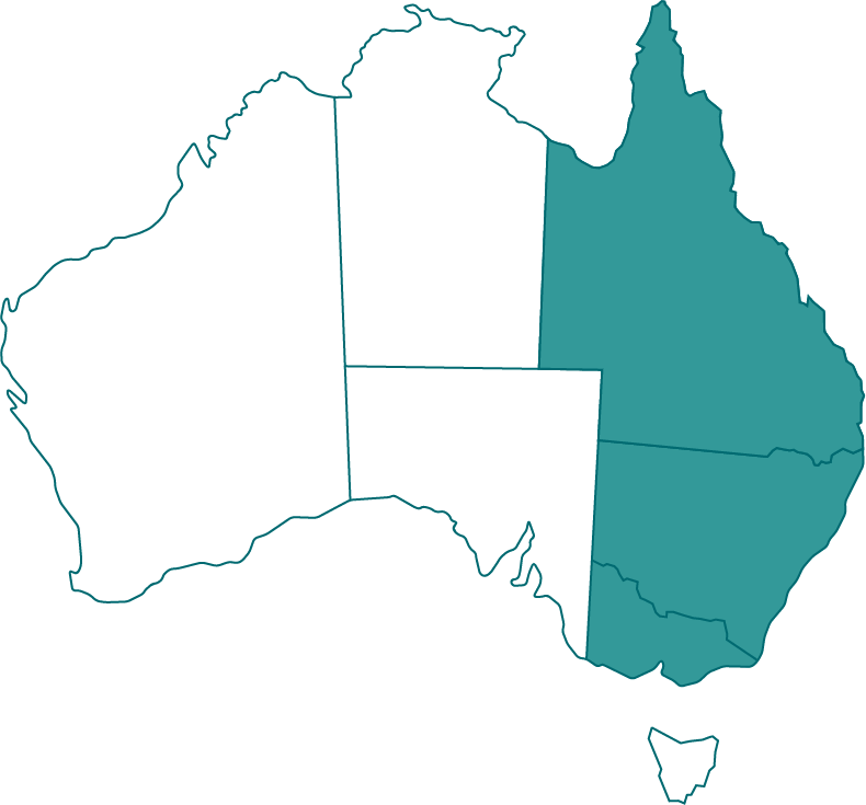 Map of Australia with states of QLD, NSW and VIC highlighted.