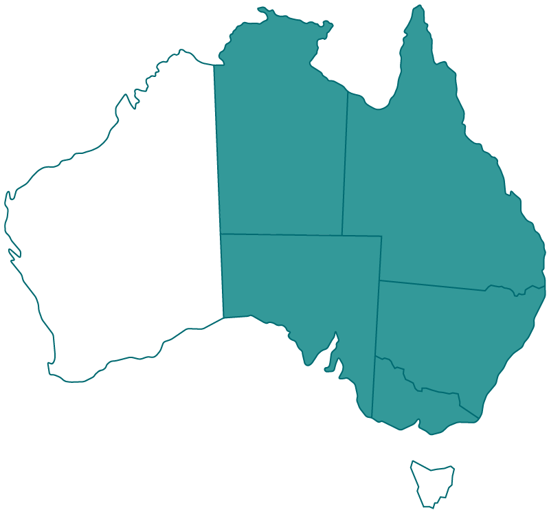 Map of Australia with all states highlighted excluding WA & TAS