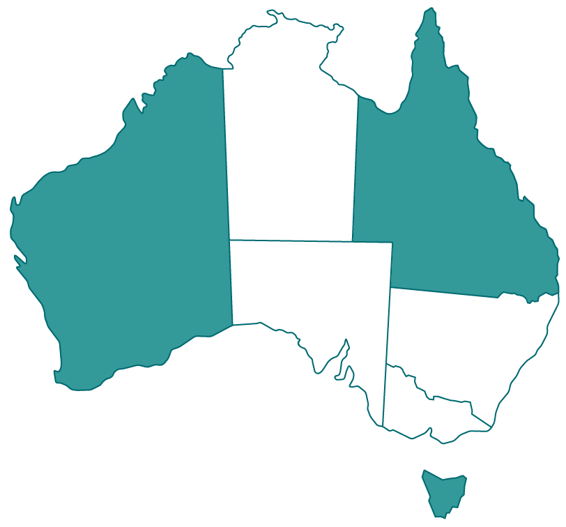 Map of Australia with states of WA, QLD and TAS highlighted.