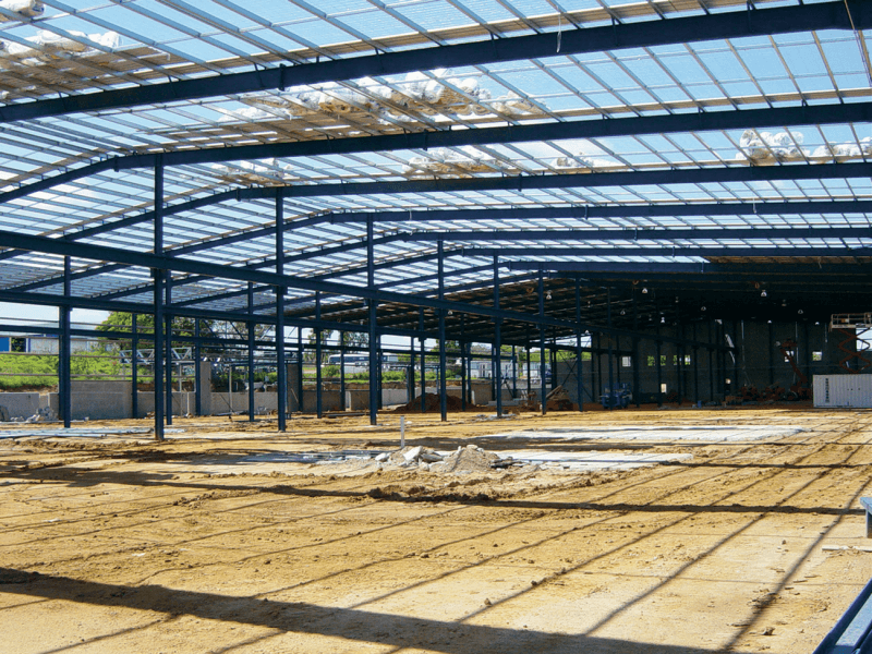 image of a large shed under construction showing the purlins and girts.