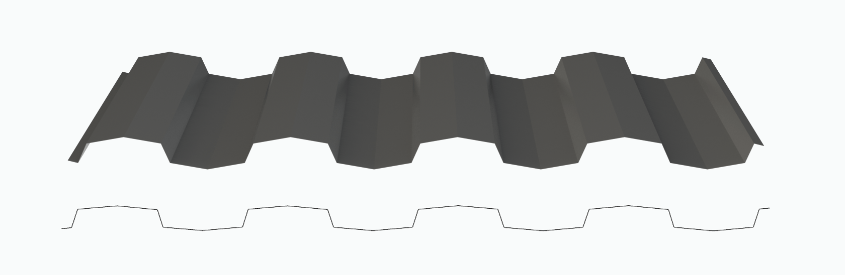 Render showing a 3D render image of the Metline Premium fence and a line drawing of the profile