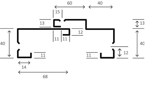 Line drawing of split door frame showing all dimensions.